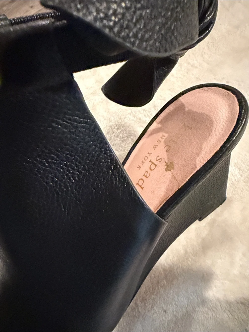 kate spade Black Leather Open-Toe Ankle-Wrap Wedge Sandals
